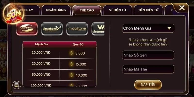 Nạp Tiền Sunwin - Thanh Toán Siêu Tốc, Bảo Mật Và Đa Dụng 3 Sunwin Cách thức nạp tiền đơn giản bằng thẻ điện thoại cực kỳ tiện lợi